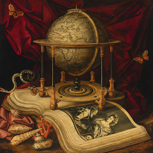 Carstian Luyckx, Still Life with Celestial Globe, a Book, Shells, a Snake and Butterflies