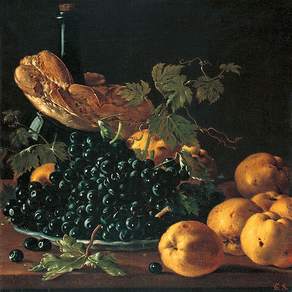 Luis Egidio Meléndez, Still Life with Bread, Apples, Grapes and a Bottle, c. 1771