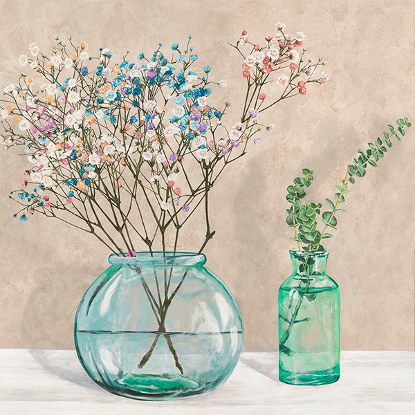 Jenny Thomlinson, Floral setting with glass vases I