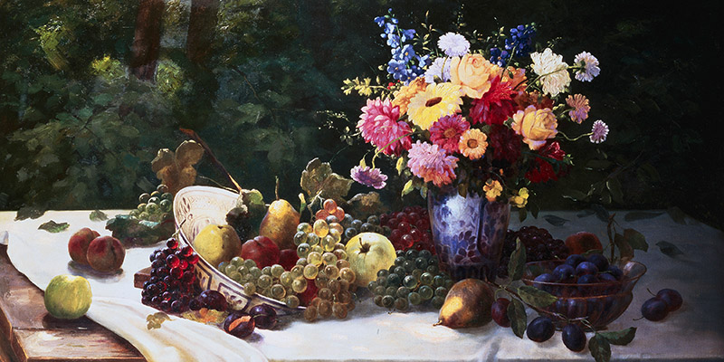 Adam Burghardt, Vase of Flowers and Fruit on a Draped Table