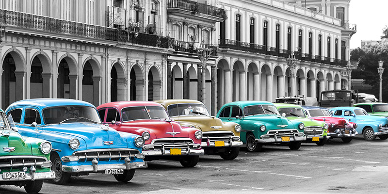 Pangea Images, Cars parked in line, Havana, Cuba
