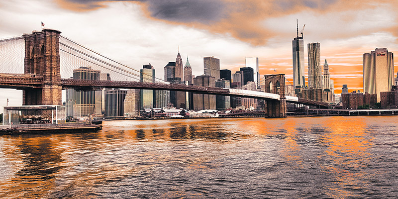 Pangea Images, Brooklyn Bridge and Lower Manhattan at sunset, NYC