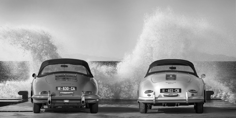 Gasoline Images, Ocean Waves Breaking on Vintage Beauties (BW)