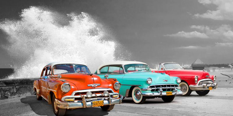 Pangea Images, Cars in Avenida de Maceo, Havana, Cuba (BW)