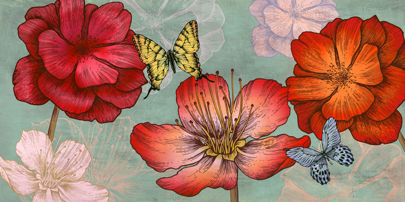 Eve C. Grant, Flowers and Butterflies (Aqua)