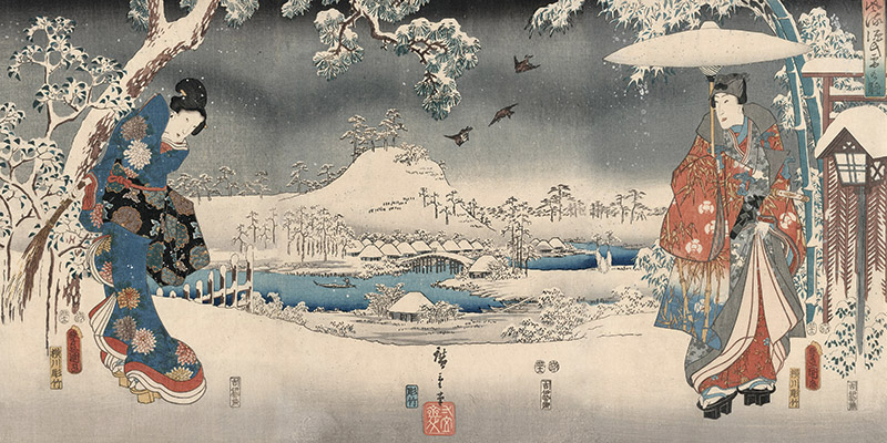 Ando Hiroshige, Snowy landscape with a woman and a man, 1853