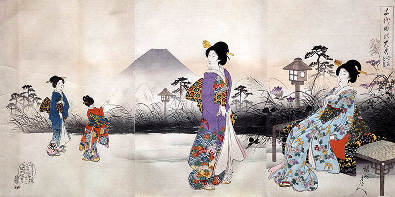 Toyohara, Japonaises en promenade devant le mont Fuji