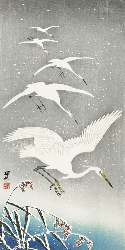 Ohara Koson, Descending egrets in snow