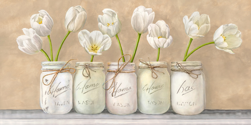 Jenny Thomlinson, White Tulips in Mason Jars