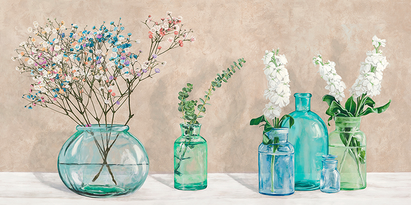 Jenny Thomlinson, Floral setting with glass vases