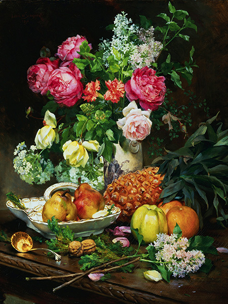 Anonymous, Painting of Roses in a Vase, Pears in a Porcelain Bowl