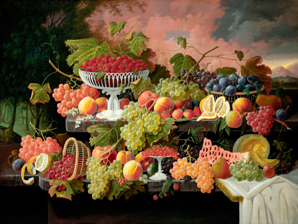 Severin Roesen, Two-Tiered Still Life with Fruit and Sunset Landscape