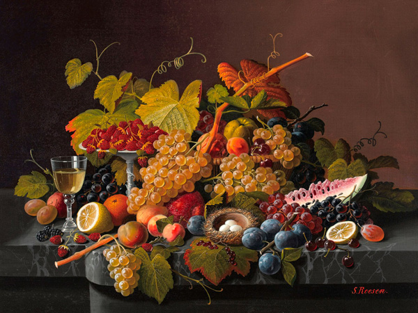Severin Roesen, Still life with fruit and bird's nest