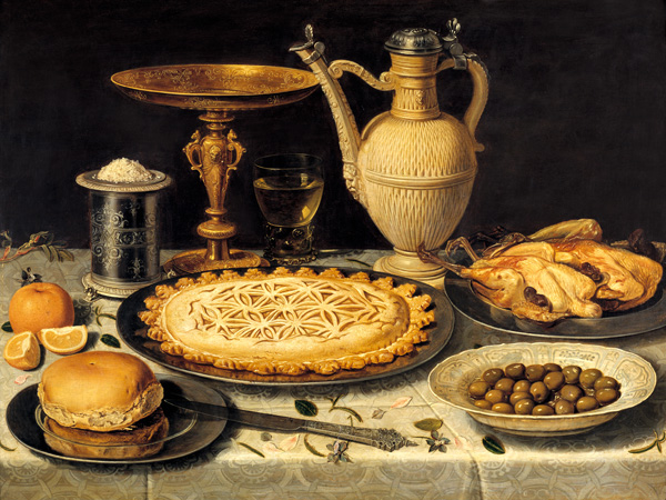 Clara Peeters, Still life with a tart, roast chicken, bread, rice and olives