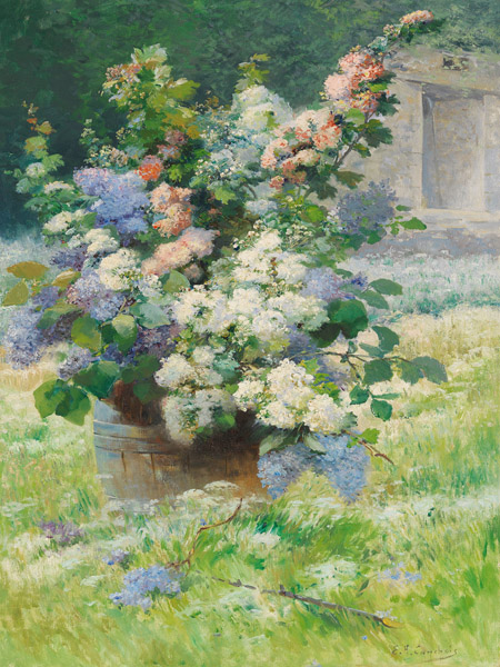Eugene Henri Cauchois, Fliederzweige und Stockrosen