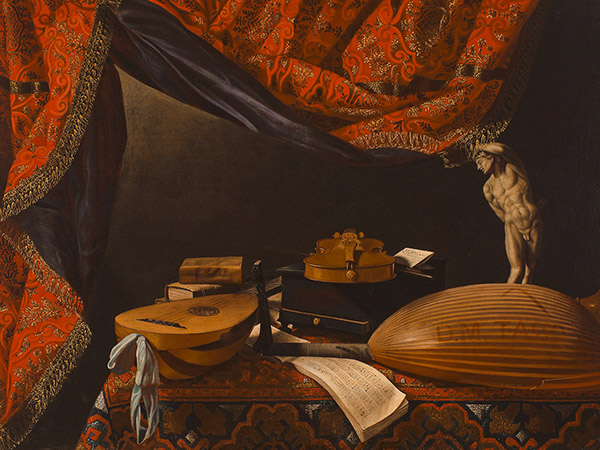 Evaristo Baschenis, Still Life with Musical Instruments, Books and Sculpture