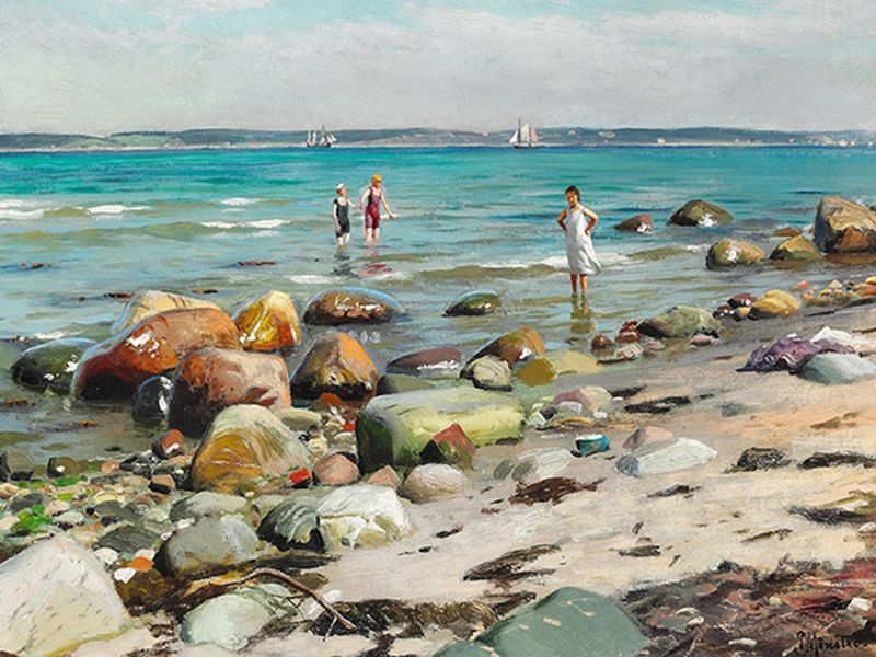 M&oslash;nsted Peder M&oslash;rk, Young women bathing at the beach at Alsgarde, 1921