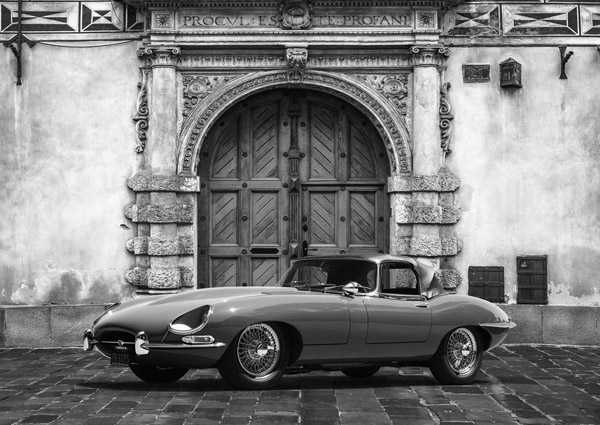 Gasoline Images, Roadster in front of Classic Palace (BW)