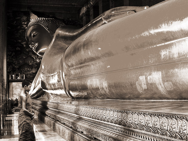 Pangea Images, Praying the reclined Buddha, Wat Pho, Bangkok, Thailand (sepia)