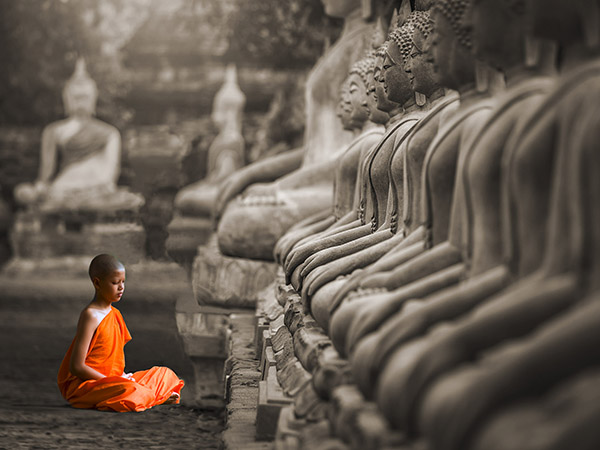 Pangea Images, Young Buddhist Monk praying, Thailand (BW)