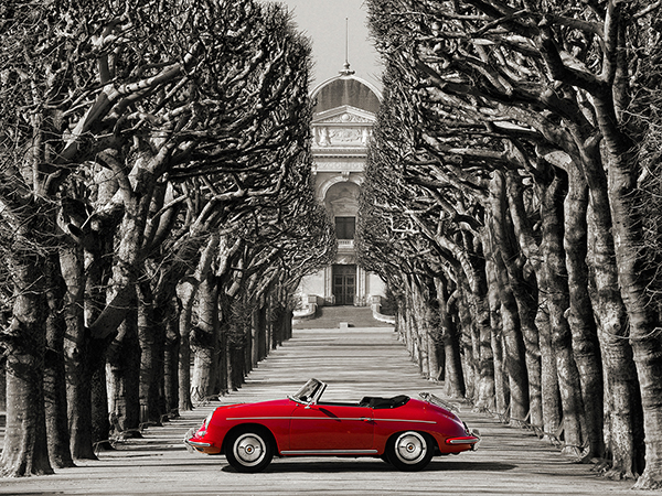 Gasoline Images, Roadster in tree lined road, Paris