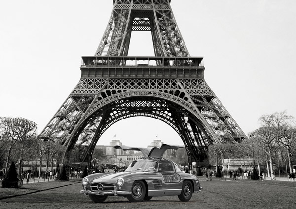 Gasoline Images, Roadster under the Eiffel Tower (BW)