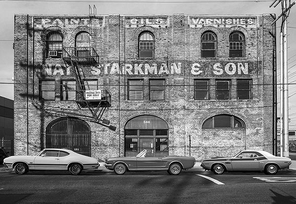 Gasoline Images, Urban Landscape with Muscle Cars (B&W)