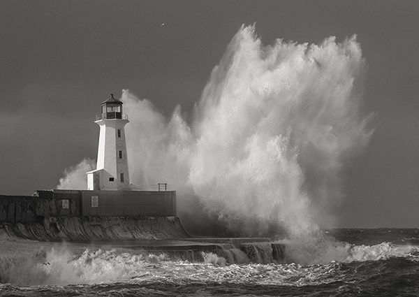 Pangea Images, Lighthouse in raging Sea (B&W)
