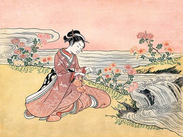 Suzuki Harunobu, Japanese woman picking chrysanthemum