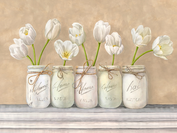 Jenny Thomlinson, White Tulips in Mason Jars