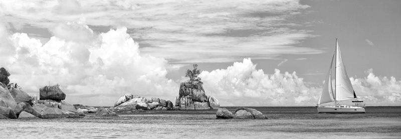 Pangea Images, Sailboat at La Digue, Seychelles (BW)